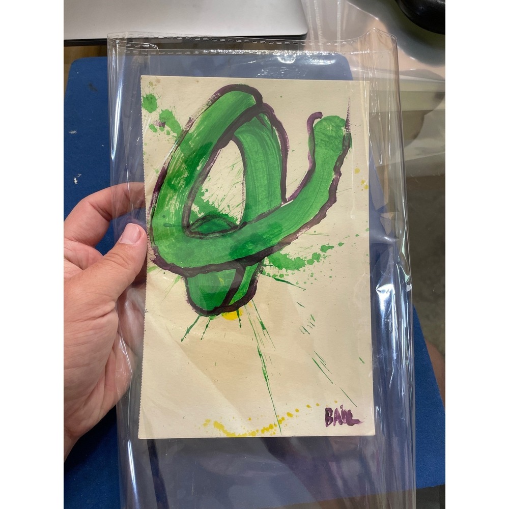 Original Graffiti Style Abstract Art Painting Green Purple Signed BAIL 5.5x8.5